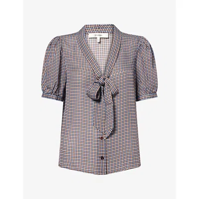 Frame Womens The Sonnet Houndstooth-pattern Silk Blouse Chestnut Multi Plaid