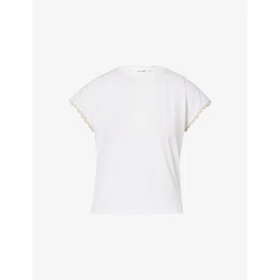 Frame Womens White Cap-sleeve Scallop-trim Cotton T-shirt In Neutral