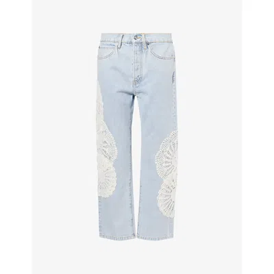 Frame Womens Wisp Crochet Vertical Crop Straight-leg High-rise Jeans