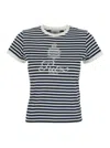 Frame X Ritz Paris Blue Crewneck T-shirt With Logo Print On The Front And All-over Striped Motif In Cotton Woman In Blue