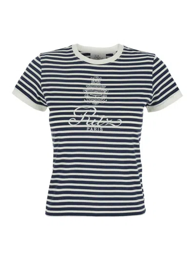 FRAME X RITZ PARIS BLUE CREWNECK T-SHIRT WITH LOGO PRINT ON THE FRONT AND ALL-OVER STRIPED MOTIF IN COTTON WOMAN