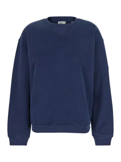Frame X Ritz Paris 'privacy Please' Blue Crewneck T-shirt With Tonal Logo Embroidery On The Front In Cotton Blend Woman