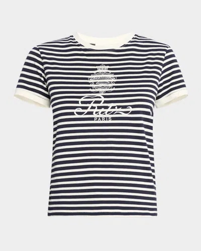 Frame + Ritz Paris Embroidered Striped Cotton-jersey T-shirt In Multi