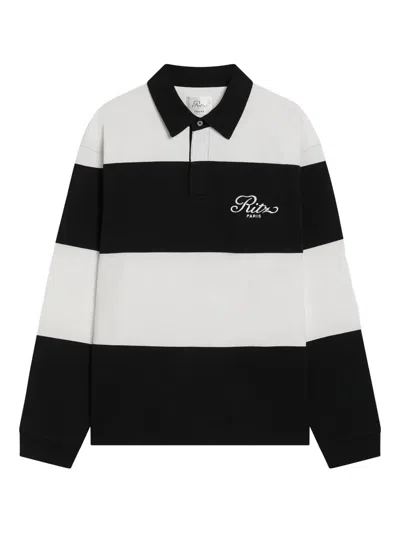 Frame X Ritz Paris Stripped Rugby Polo Top In Black