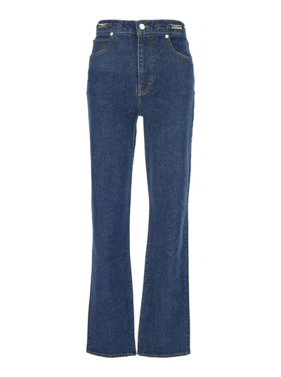 FRAME X RITZ PARIS 'THE RITZ RULER' BLUE FLARED JEANS WITH LOGO PLAQUE ON THE WAIST AND LOGO EMBROIDERY ON THE REAR