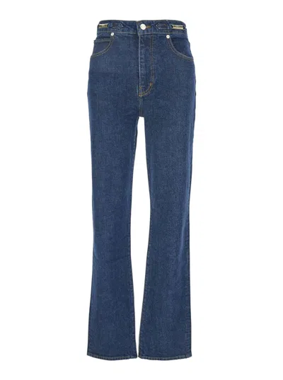FRAME X RITZ PARIS 'THE RITZ RULER' BLUE FLARED JEANS WITH LOGO PLAQUE ON THE WAIST AND LOGO EMBROIDERY ON THE REAR IN 