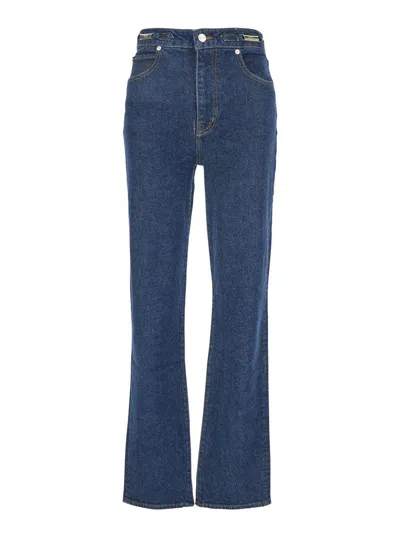 FRAME X RITZ PARIS 'THE RITZ RULER' BLUE FLARED JEANS WITH LOGO PLAQUE ON THE WAIST AND LOGO EMBROIDERY ON THE REAR IN 