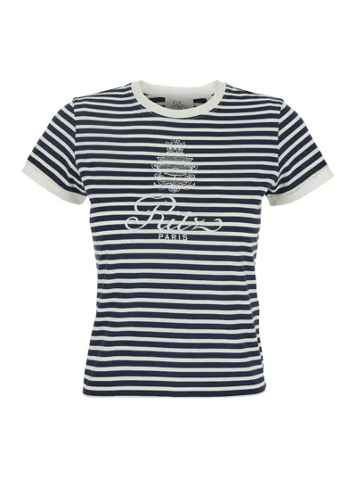 Frame X Ritz Paris Blue Crewneck T-shirt With Logo Print On The Front And All-over Striped Motif In Cotton Woman