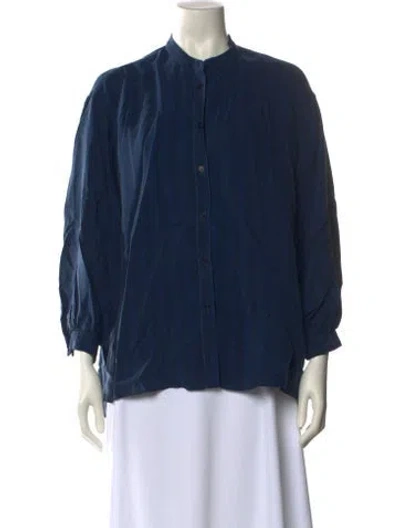 Pre-owned Frances Hart Mock Neck Three-quarter Sleeve Button-up Top In Blue