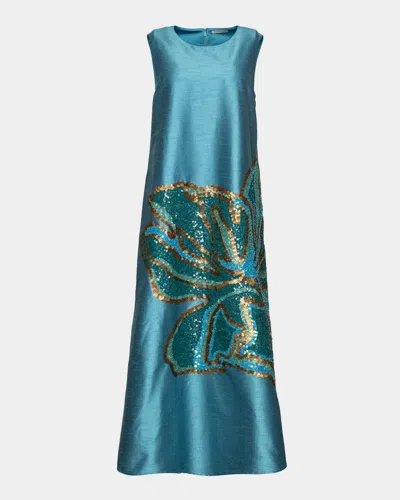Frances Valentine Alice Sequin Floral Trapeze Midi Dress In Teal