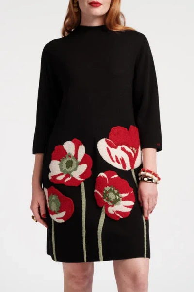 Frances Valentine Annie Dress W/embroidered Flowersparadise Poppy Wool Blend In Black