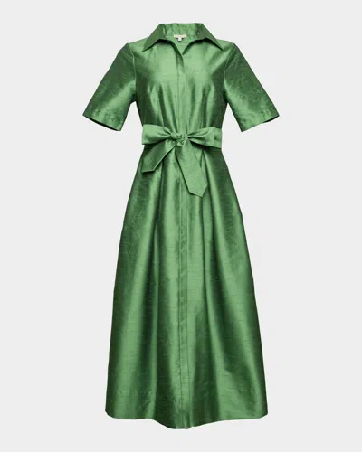 Frances Valentine Bella Pleated Silk Dupioni Maxi Shirtdress In Green