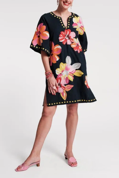 Frances Valentine Charming Caftan Mini Sun Floral Cotton Linen In Navy/multi