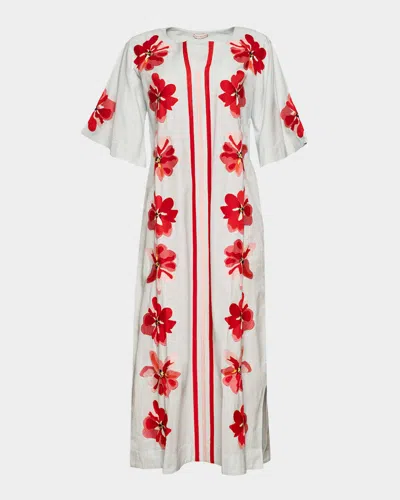 Frances Valentine Charming Floral-embroidered Maxi Caftan In Blue