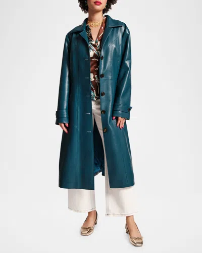 Frances Valentine Chelsea Tie-waist Faux Leather Trench Coat In Teal Blue