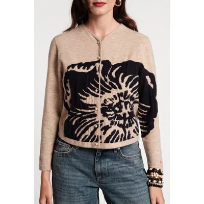 Frances Valentine Darling Cardigan Carefree Chrysanthemum In Camel/navy