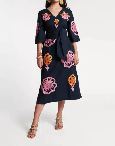 Frances Valentine Emi Embroidered Dress In Graphic Gerbera Navy Pink Print In Multi
