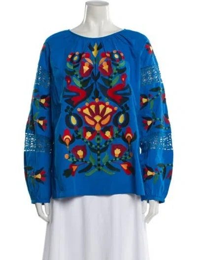 Pre-owned Frances Valentine Floral Print Crew Neck Blouse In Blue