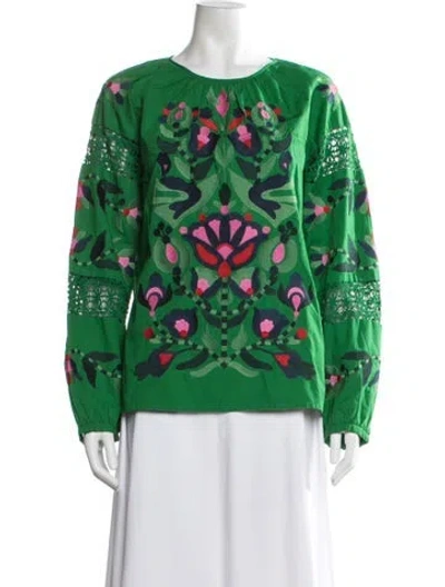 Pre-owned Frances Valentine Floral Print Crew Neck Blouse W/ Tags In Green