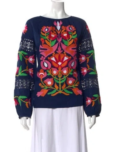 Pre-owned Frances Valentine Floral Print Crew Neck Top In Blue