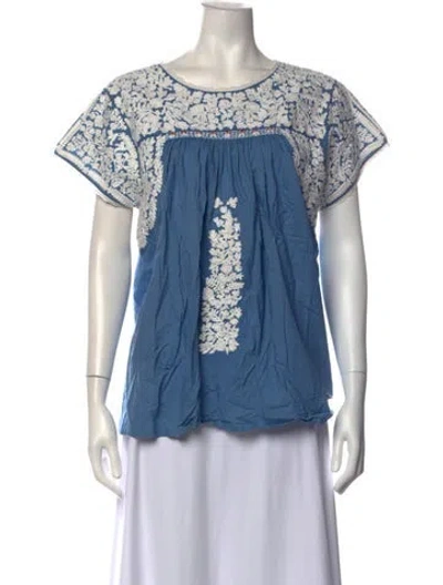 Pre-owned Frances Valentine Floral Print Crew Neck Top In Blue