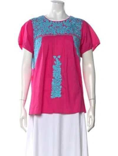 Pre-owned Frances Valentine Floral Print Crew Neck Top In Pink