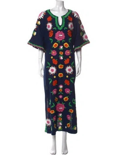 Pre-owned Frances Valentine Floral Print Long Dress In Blue