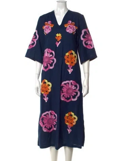 Pre-owned Frances Valentine Floral Print Long Dress In Blue