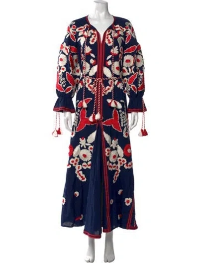 Pre-owned Frances Valentine Floral Print Long Dress W/ Tags In Blue
