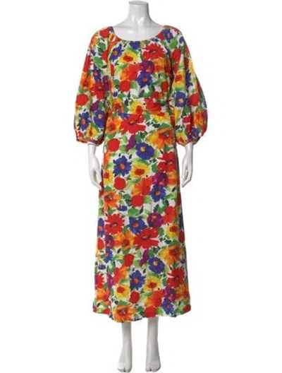 Pre-owned Frances Valentine Floral Print Long Dress In White