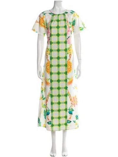 Pre-owned Frances Valentine Floral Print Long Dress In White