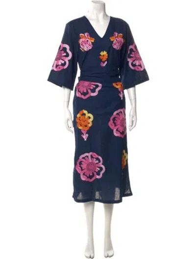 Pre-owned Frances Valentine Floral Print Midi Length Dress In Blue