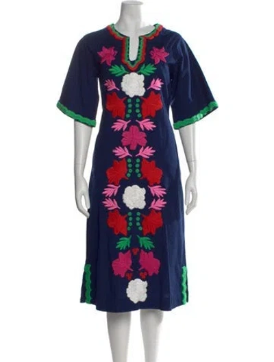 Pre-owned Frances Valentine Floral Print Midi Length Dress In Blue
