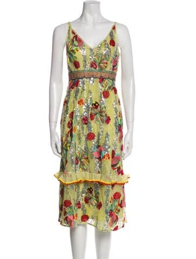 Pre-owned Frances Valentine Floral Print Midi Length Dress W/ Tags In Yellow