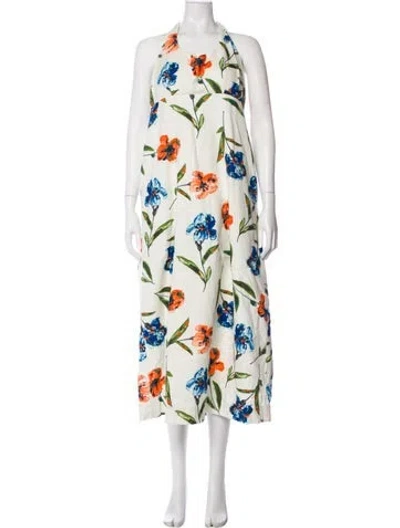Pre-owned Frances Valentine Floral Print Midi Length Dress In White