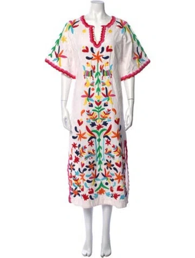 Pre-owned Frances Valentine Floral Print Midi Length Dress In White