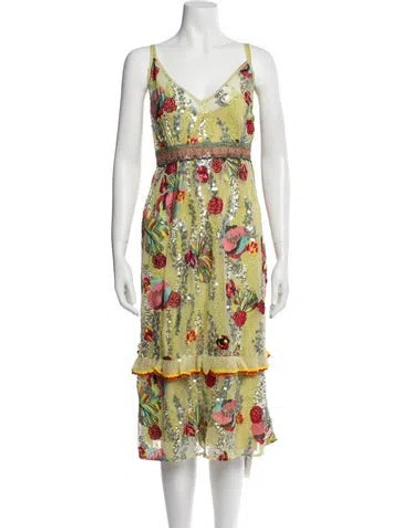 Pre-owned Frances Valentine Floral Print Midi Length Dress In Yellow