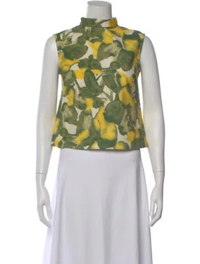 Pre-owned Frances Valentine Floral Print Mock Neck Top In Green