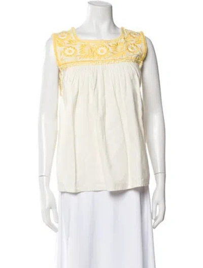 Pre-owned Frances Valentine Floral Print Square Neckline Blouse In White