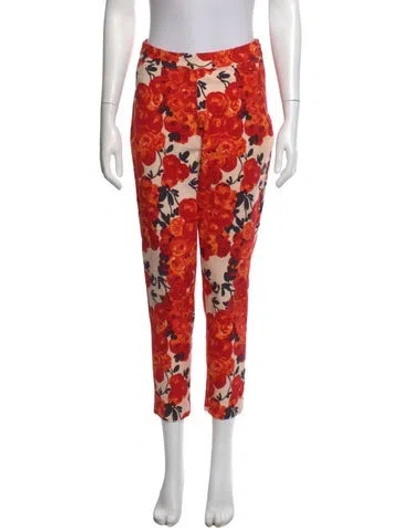 Pre-owned Frances Valentine Floral Print Straight Leg Pants In Red
