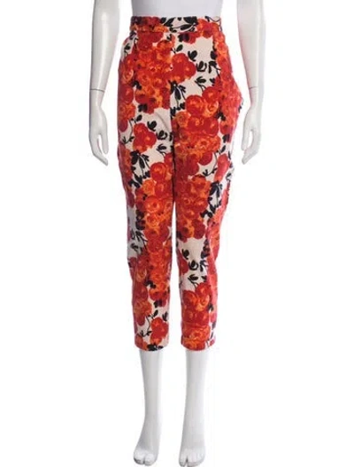Pre-owned Frances Valentine Floral Print Straight Leg Pants In Red