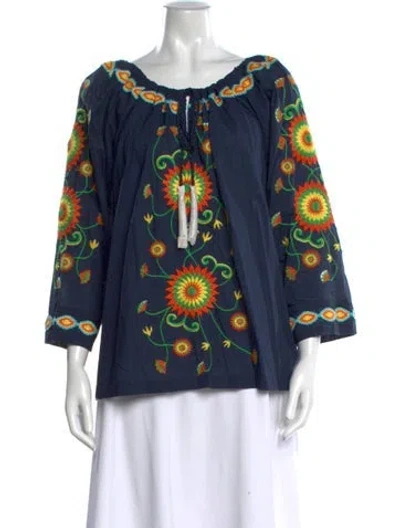Pre-owned Frances Valentine Floral Print Tie Neck Blouse In Blue
