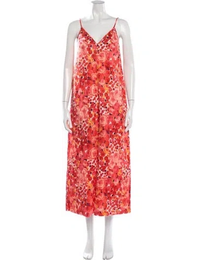 Pre-owned Frances Valentine Floral Print V-neck Jumpsuit In Orange