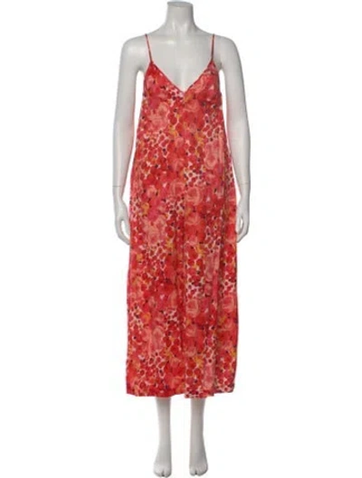 Pre-owned Frances Valentine Floral Print V-neck Jumpsuit In Red