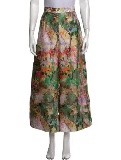 Pre-owned Frances Valentine Floral Print Wide Leg Pants In Green/pink