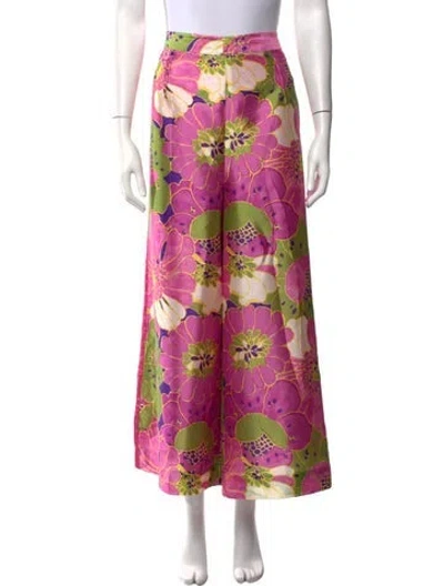 Pre-owned Frances Valentine Floral Print Wide Leg Pants In Green/pink
