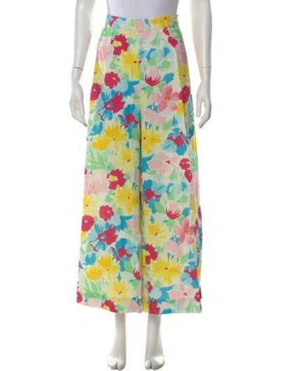 Pre-owned Frances Valentine Floral Print Wide Leg Pants In Yellow