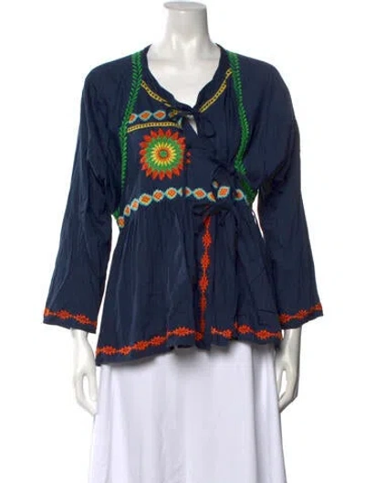 Pre-owned Frances Valentine Graphic Print Tie Neck Sweater In Blue