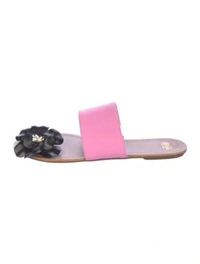 Pre-owned Frances Valentine Leather Floral Print Slides In Pink