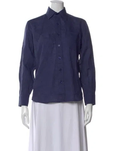 Pre-owned Frances Valentine Linen Long Sleeve Button-up Top In Blue